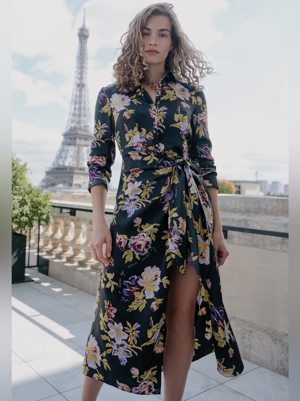 NWOT 5 a7 cinq a sept BRIGITTE BLACK YELLOW FLORAL JACEY FAUX WRAP DRESS SZ 2 - Picture 1 of 7